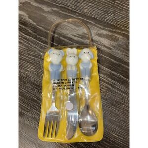 Vintage Lillian Vernon Child Ceramic & Stainless Steel Flatware Set Of 3